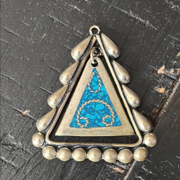 Jewelry - Signed Vintage Alpaca Silver Tone and Blue Triangle Pendant Geometric 3D